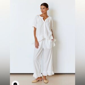 Piyama White Ruffle Pajama Set Button Top + Pants Lounge Bridal Size Large